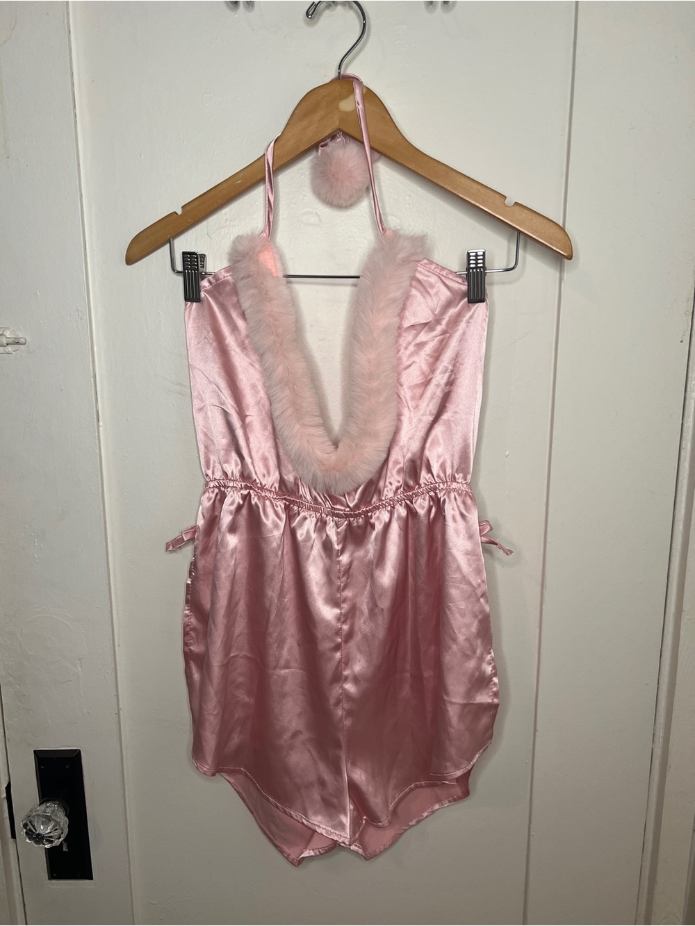 Boohoo Pink Satin Plush-Trim Romper Pajama